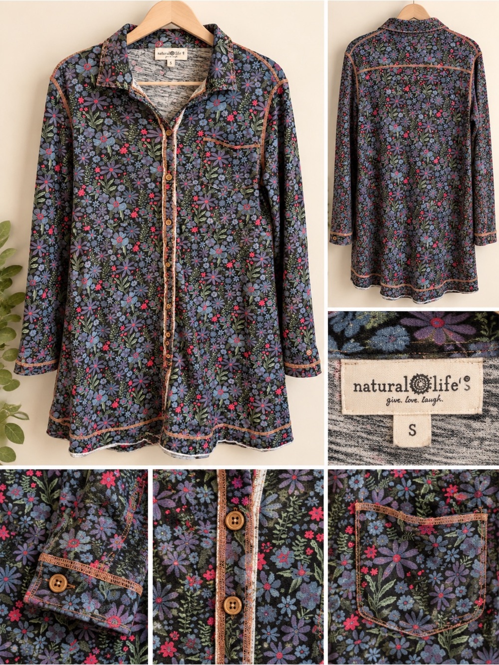 Natural Life Floral Button-up Tunic Top Long Sleeve Boho Cottagecore